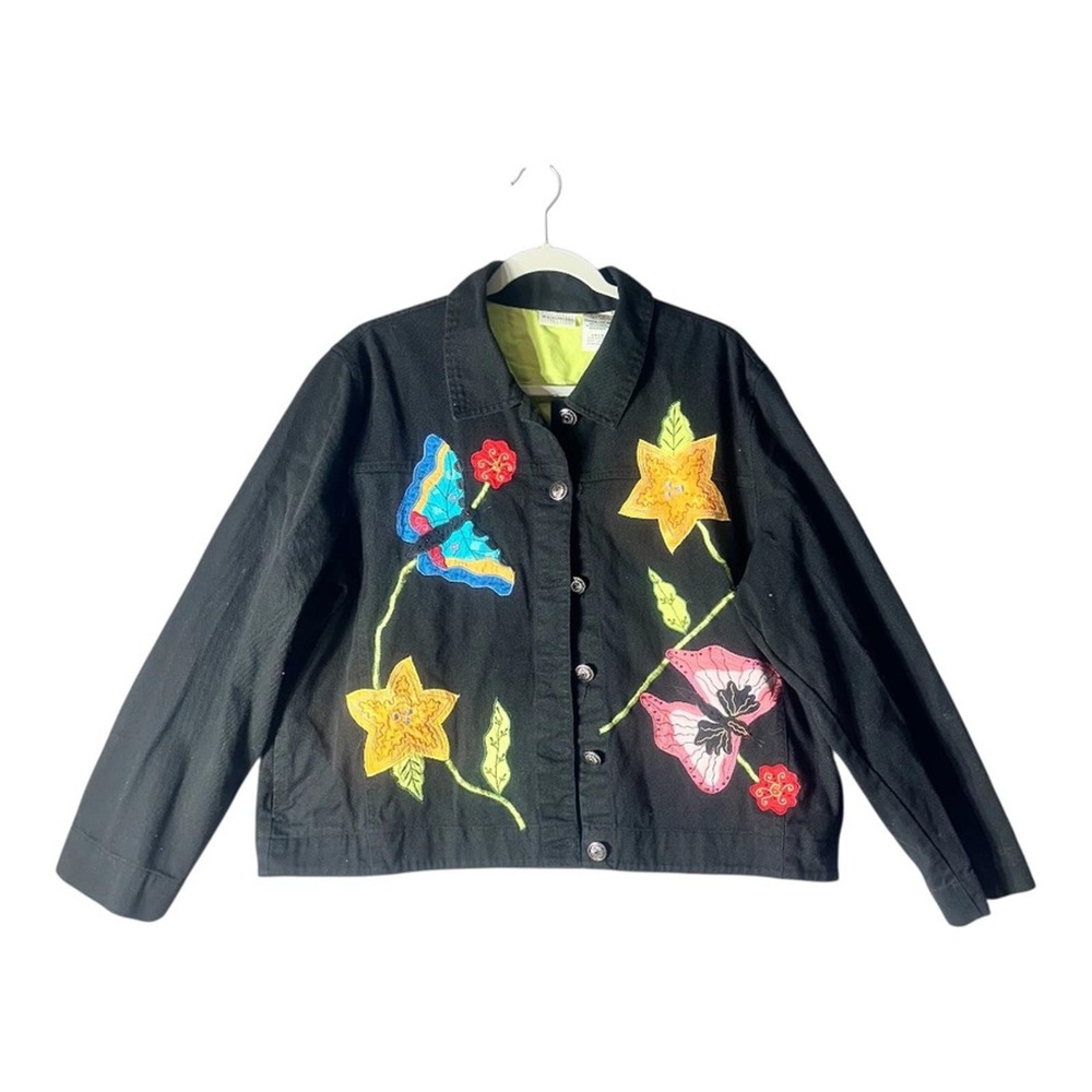 Vintage White Stag Black Embroidered Jacket - Flowers & Butterflies Size XL